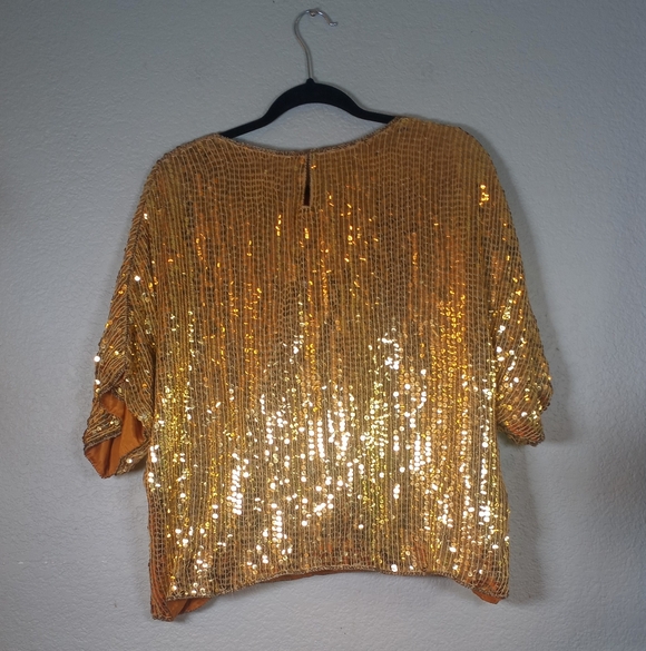Vintage Silk Gold Sequined Made In India Dolman Sleeve Metallic Crew Neck L - Picture 7 of 12